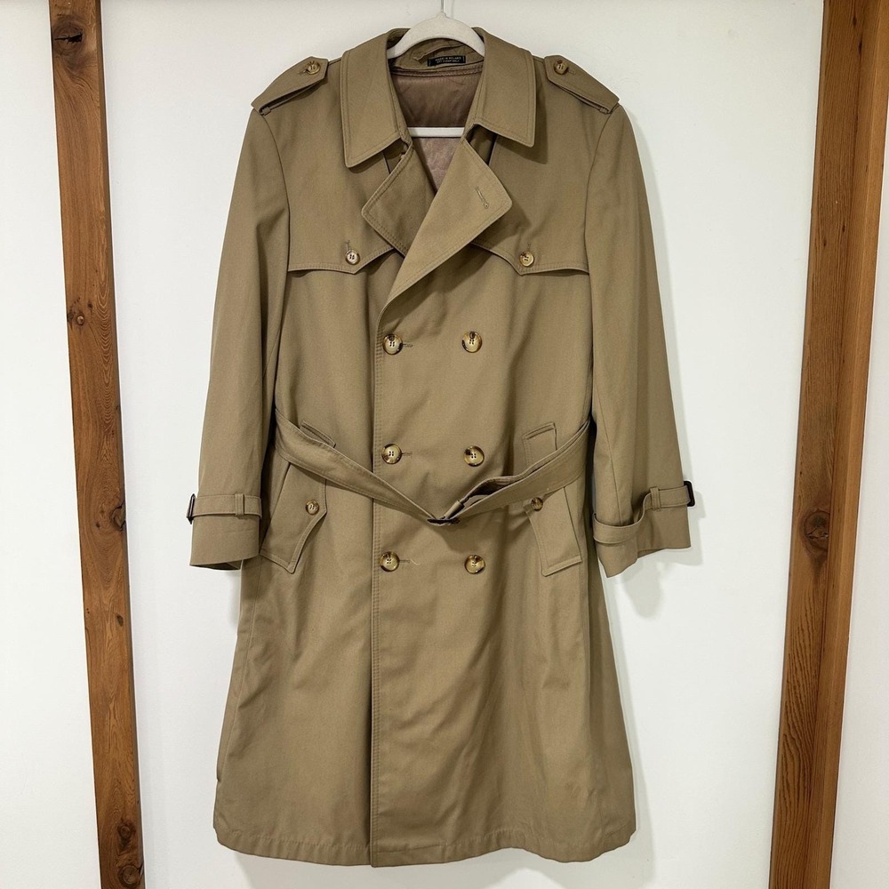 Kuppenheimer Mens Trench Coat 40S Tan Double Breasted Wool Liner Made in Poland